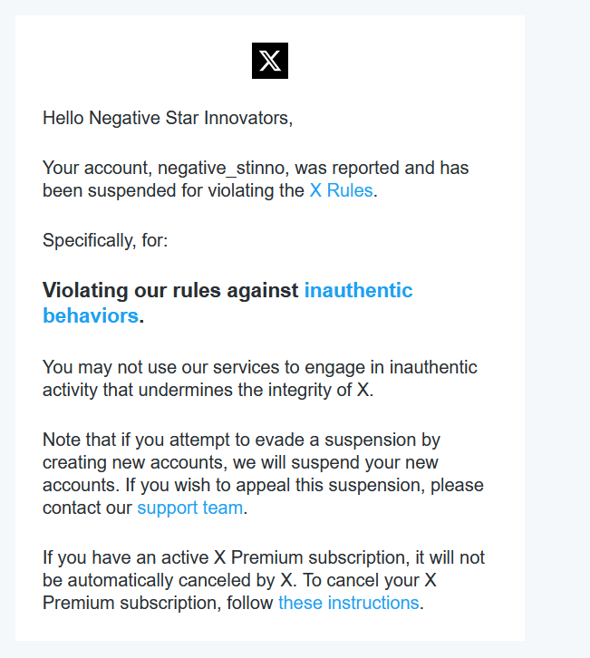 X banned notification email
